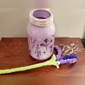 Hand-Painted Mason Jar Lavender Wrap & Handmade Pipe Cleaner Floral Home Décor